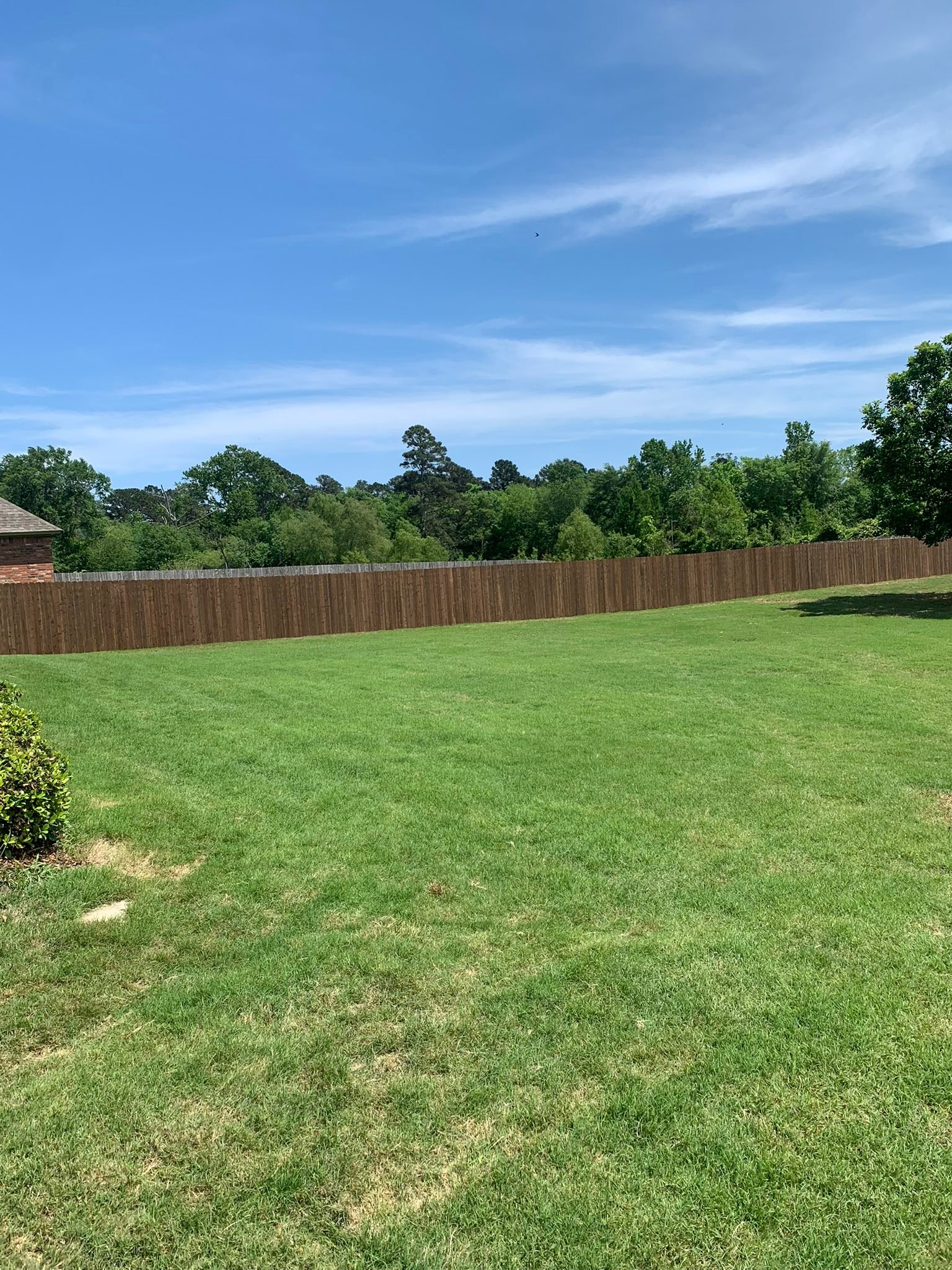 Long stained wood privacy fence line under a blue Louisiana sky, built by Straight Line Fencing Of Louisiana in Shreveport, LA